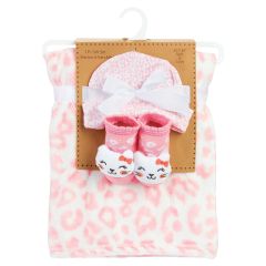 Plush Baby Blanket with Hat and Booties - Pink Cat