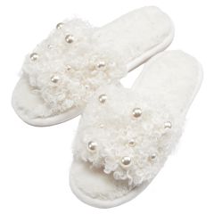 Women's White Curly Pearl Slippers - Medium