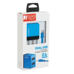 Dual USB Color Charger with Apple Lightning Cable - Blue