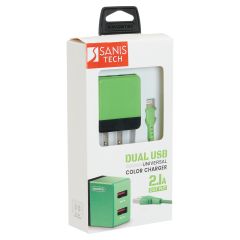 Dual USB Color Charger with Apple Lightning Cable - Green