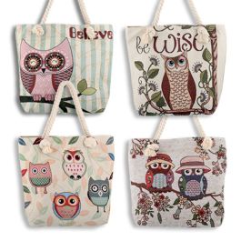 Wholesale Owl Woven Cloth Tote with Rope Handles | Kelli's Gift Shop ...