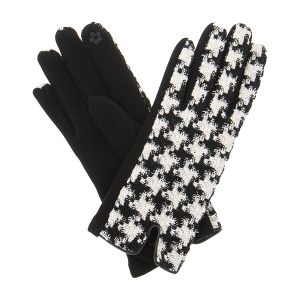 Houndstooth Print Gloves - Black & White With Silver Thread