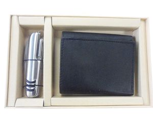 Black Leather Trifold Wallet with RFID Protection & Multi-Tool Key Fob