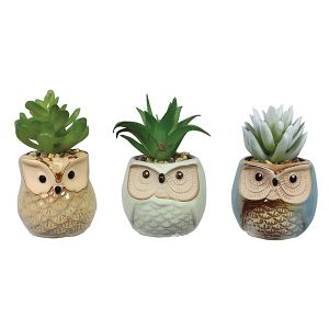 4-Inch Stoneware Owl Planters with Artificial Succulents