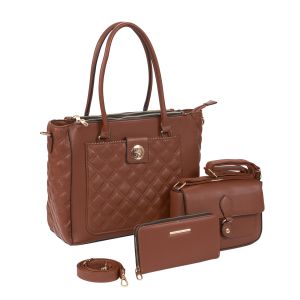3-Piece Vegan Leather Purse Set with Crossbody and Wallet - Brown