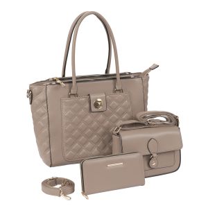 3-Piece Vegan Leather Purse Set with Crossbody and Wallet - Taupe