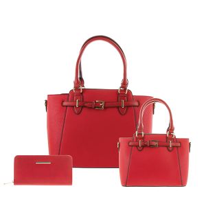 3-Piece Buckle Accent Purse Set With Wallet & Crossbody - Red