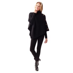 Turtleneck Poncho With Buttons - Black