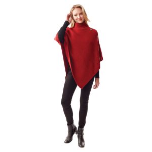 Turtleneck Poncho With Buttons - Red