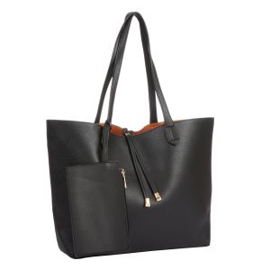Vegan Leather Two-in-One Tote Set - Black