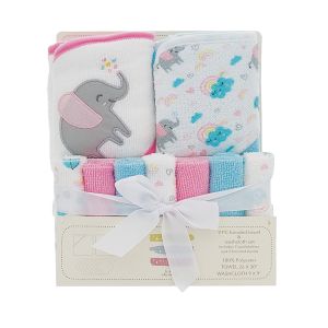 9-Piece Hooded Towel & Wash Cloth Set - Pink Elephant