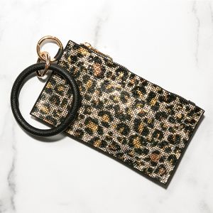Rhinestone Zipper Pouch With Key Ring - Animal Print
