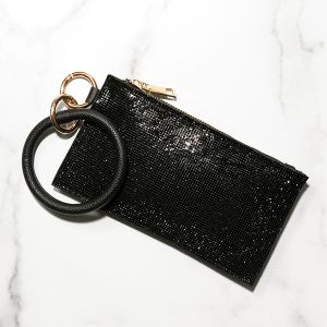 Rhinestone Zipper Pouch With Key Ring - Black