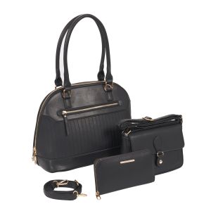 3-Piece Bowler Style Purse Set with Crossbody and Wallet - Black