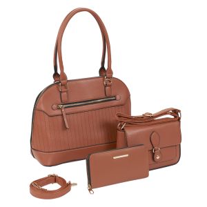 3-Piece Bowler Style Purse Set with Crossbody and Wallet - Brown