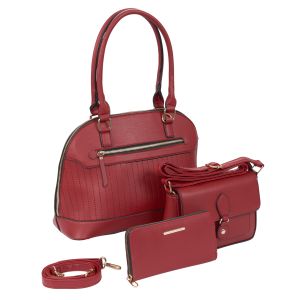 3-Piece Bowler Style Purse Set with Crossbody and Wallet - Red