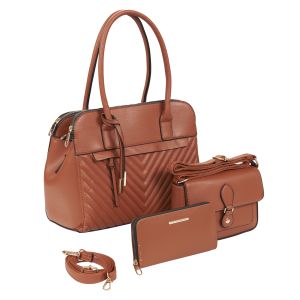 3-Piece Quilted Accent Vegan Leather Purse Set - Brown
