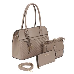 3-Piece Quilted Accent Vegan Leather Purse Set - Taupe