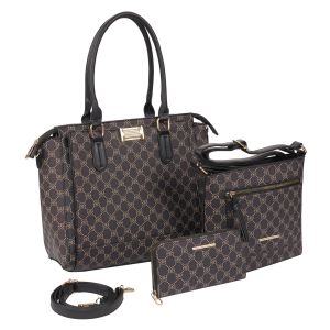 3-Piece Patterned Purse Set with Crossbody and Wallet - Black