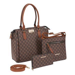 3-Piece Patterned Purse Set with Crossbody and Wallet - Brown