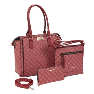 3-Piece Patterned Purse Set with Crossbody and Wallet - Red