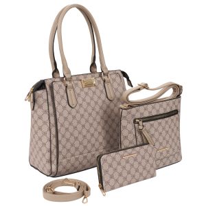 3-Piece Patterned Purse Set with Crossbody and Wallet - Taupe