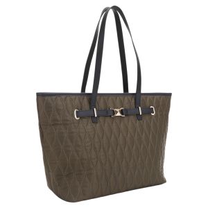 Quilted Nylon Tote Bag with Front Detail - Olive Green and Black