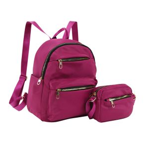 2-Piece Nylon Backpack with Crossbody - Fuchsia