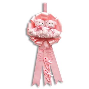 Baby Birth Announcement Ribbon with Plush Teddy Bears - It's Twins - Girls