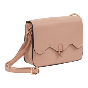 Vegan Leather Crossbody Purse with Scalloped Flap - Pink