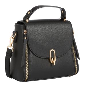 Vegan Leather Handbag with Detachable Crossbody Strap - Black