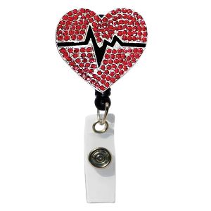 Rhinestone Retractable Badge Holder - Red Heart EKG