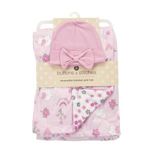 2-Ply Reversible Blanket and Hat Set - Pink