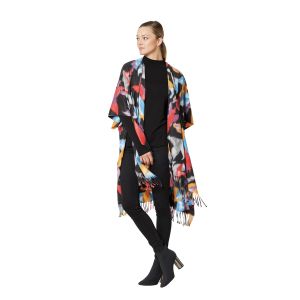 Floral Fleece Kimono With Fringe - Black