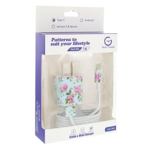 Type-C Patterned Cable and Wall Charger - Floral