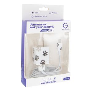 Type-C Patterned Cable and Wall Charger - Paw Print