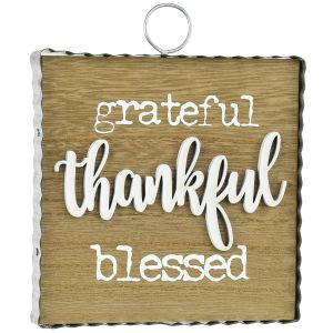 Grateful Thankful Blessed Wood & Metal Sign