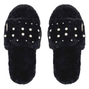 Women's Black Faux-Fur Slippers with Pearl Accents - Medium