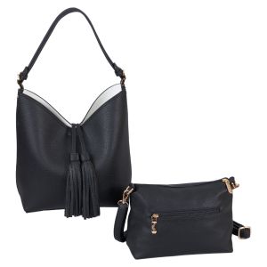 2-Piece Double Tassel Shoulder Bag and Pouch - Black and White