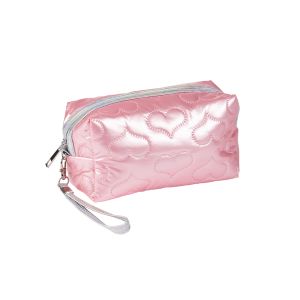 Shiny Puffer Pouch with Heart Design - Pink