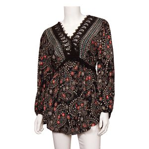 Black Paisley Long Sleeve Top With Crochet Lace - Small