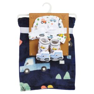 Plush Baby Blanket with Hat and Booties - Blue Truck