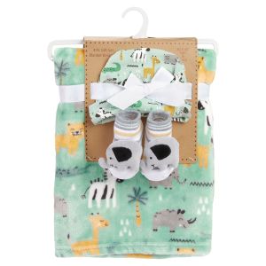 Plush Baby Blanket with Hat and Booties - Green Elephant