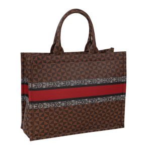 Brown Structured Coated Canvas Tote with Red and Black Stripes