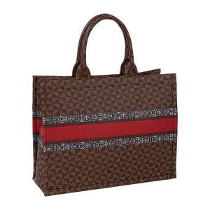 Brown Structured Coated Canvas Tote with Red and Brown Stripes