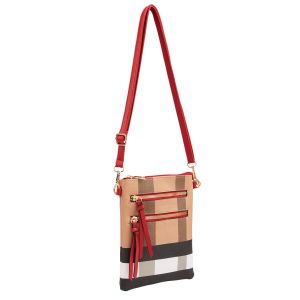 Brown and Black Plaid Purse with Red Crossbody Strap