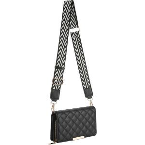 Quilted Crossbody Purse with Chevron Strap - Black