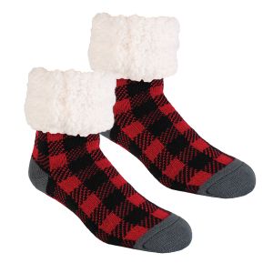 Faux-Fur Slipper Socks - Red Buffalo Check