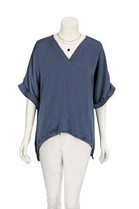 V-Neck High-Low Top With Silk Feel - Navy