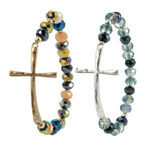 Polished Cross Glass Bead Stretch Bracelet